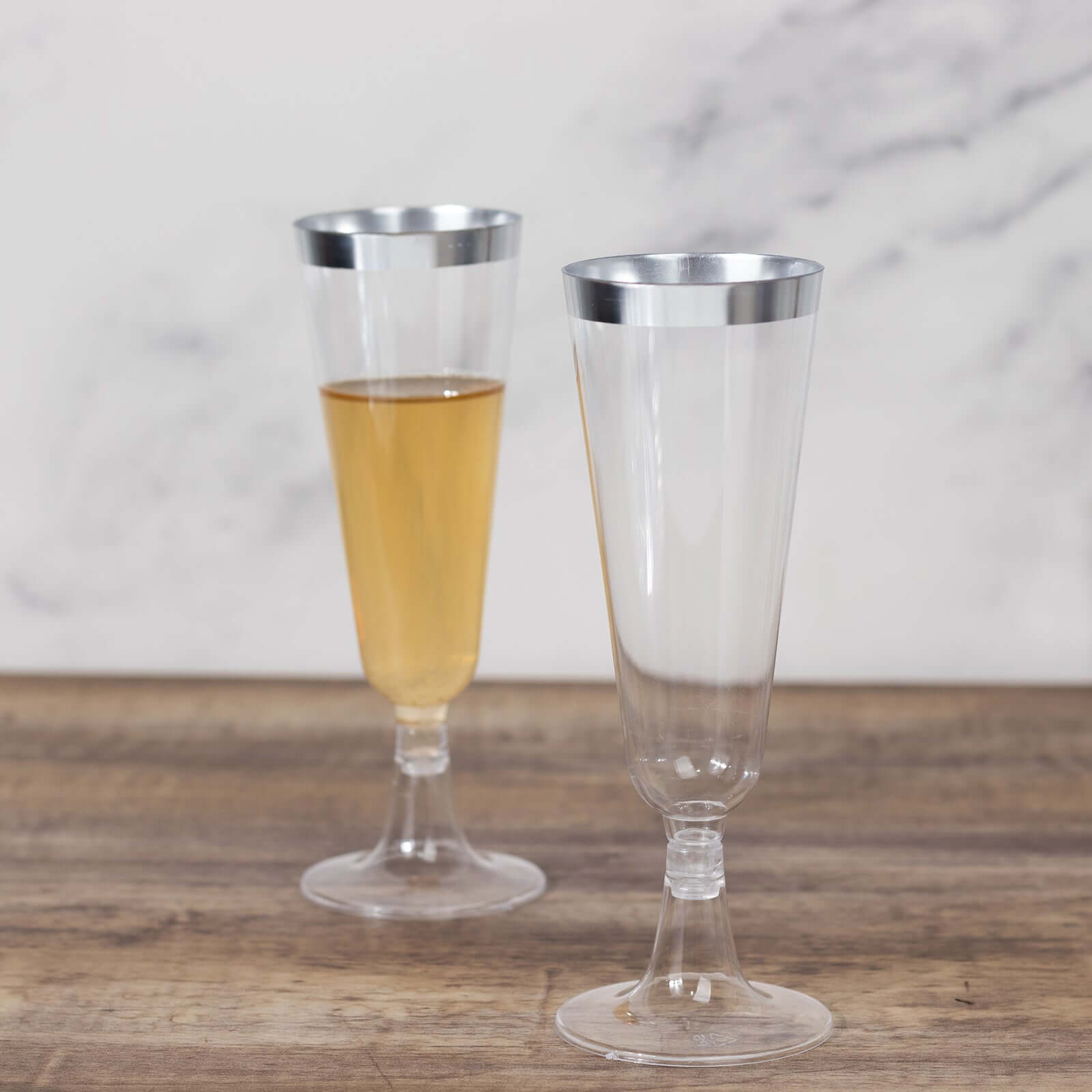 12-Pack Plastic Champagne Flutes 5oz Clear with Silver Rim - Disposable Toasting Glasses with Detachable Base 6"